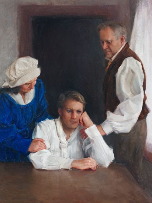 Portrait of Joseph Smith anxiously awaiting arrival of Martin Harris with manuscript, while parents try to console him in the frame home.