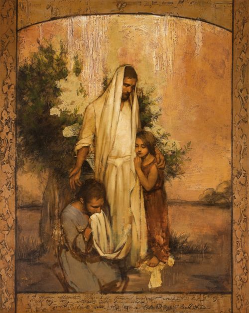 A painting of Christ in white with a shawl covering His head, standing by a small tree. A young girl in a brown tunic is at His side, and a young man with a beard is kneeling at His feet.