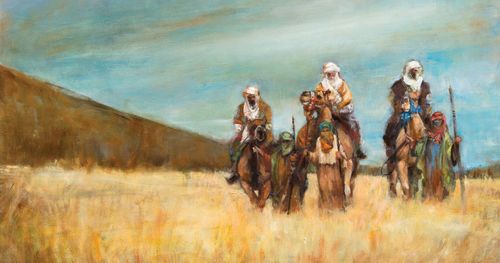 three men traveling on camels
