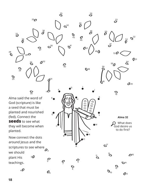 A line drawing of Jesus Christ with a connect the dots activity revealing where we should plant His teachings.