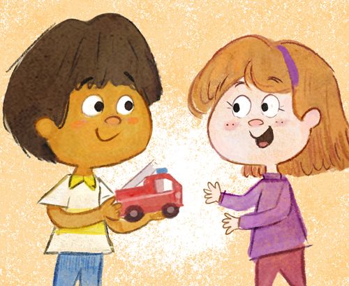 男孩與女孩分享玩具卡車