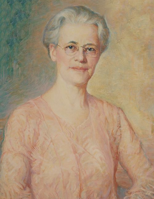 A painted portrait by Lewis A. Ramsey of May Anderson against a yellow and blue background, wearing a peach-colored dress.