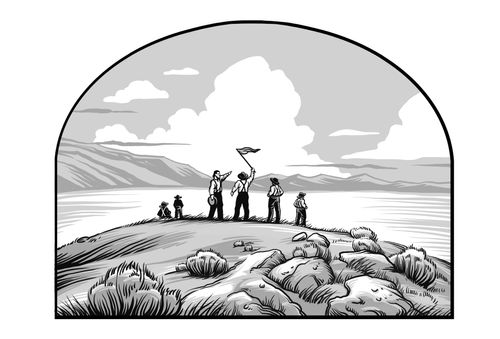 hommes agitant une bannière au sommet d’une montagne