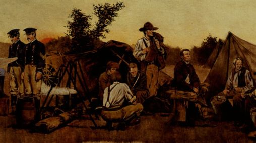 A small group of Mormon Battalion soldiers sitting in camp talking. Off to the side stand three officers. The officers are looking at a map.