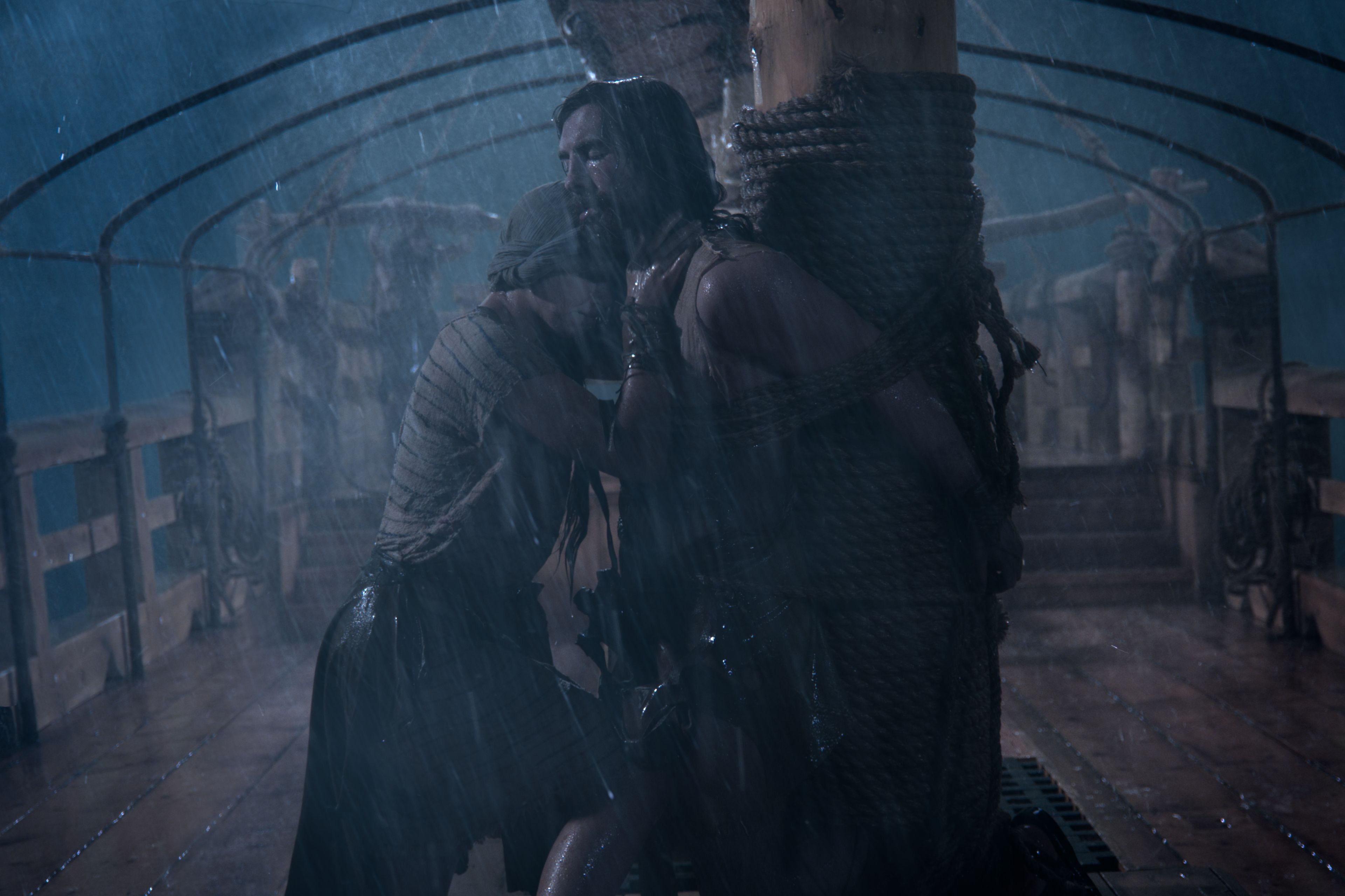Nephi's wife prays during the storm and comforts Nephi.