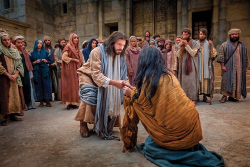 Christ kneels and stretches out His hand toward the woman taken in adultery, with people gathered around.