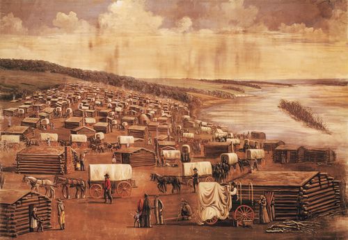 A painting by C. C. A. Christensen of the settlement of Winter Quarters next to the Missouri River, with log cabins and covered wagons.