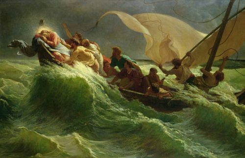 Jesus dormindo no barco enquanto a tempestade atemoriza os discípulos