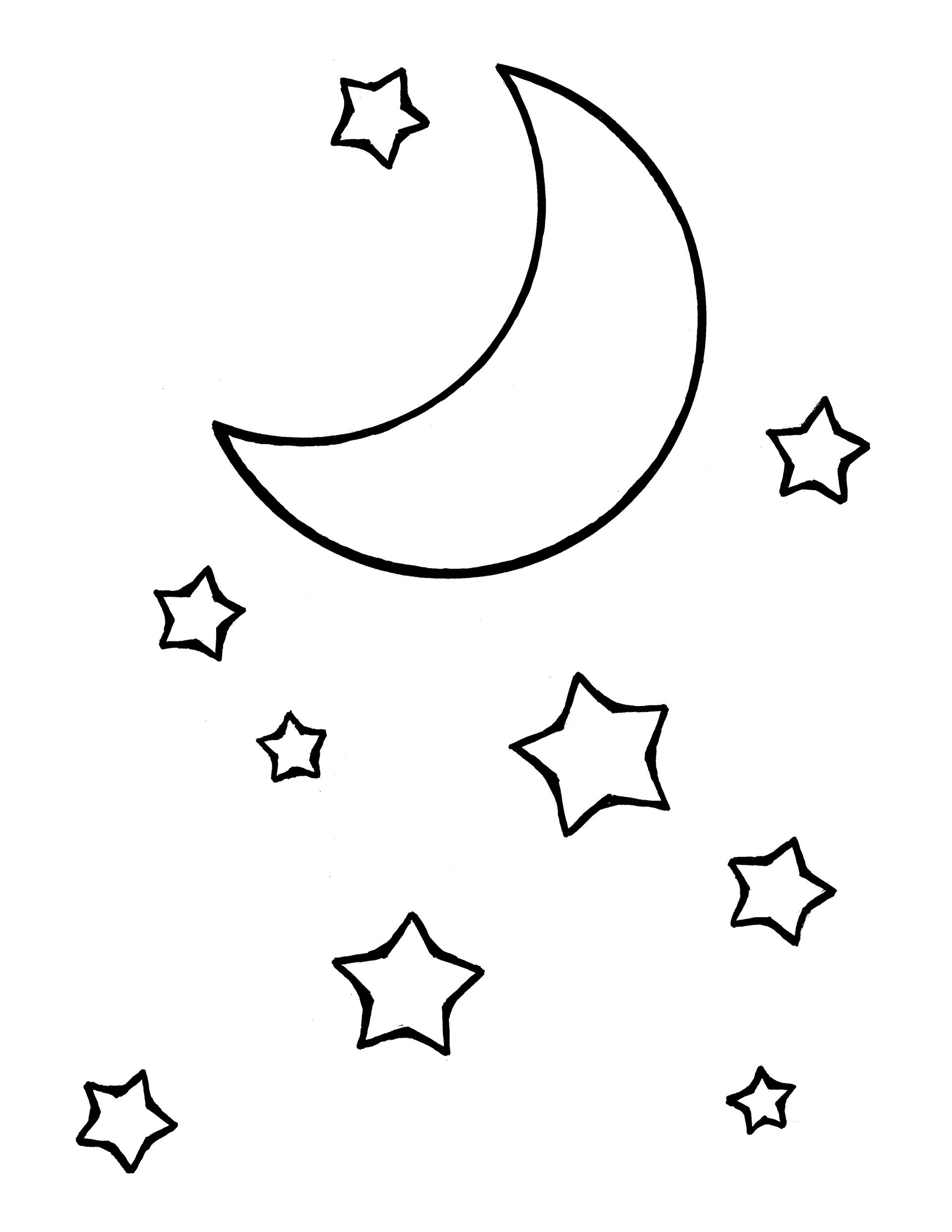 A line drawing of the moon and stars from the nursery manual Behold Your Little Ones (2008), page 35.