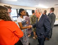 President M. Russell Ballard of the Quorum of the Twelve Apostles visits with youth prior to a youth devotional held in Georgetown, Massachusetts on Saturday, May 14, 2022.