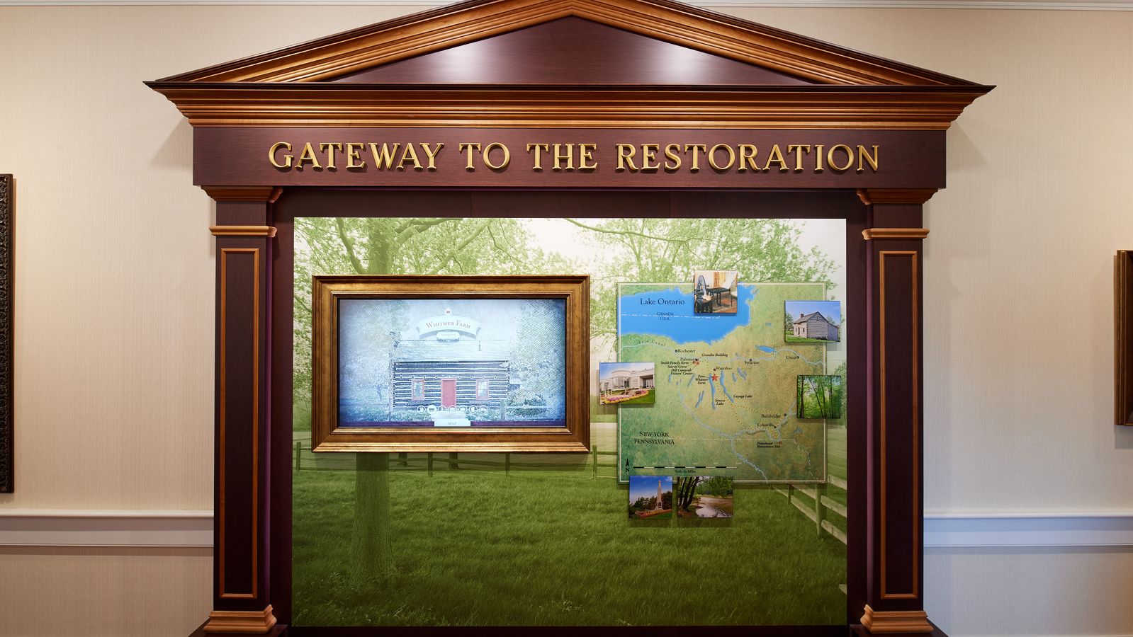 Interior shot of the Visitors' Center at the Priesthood Restoration Site near Susquehanna Depot, Pennsylvania. The sign has a map of the sites nearby.