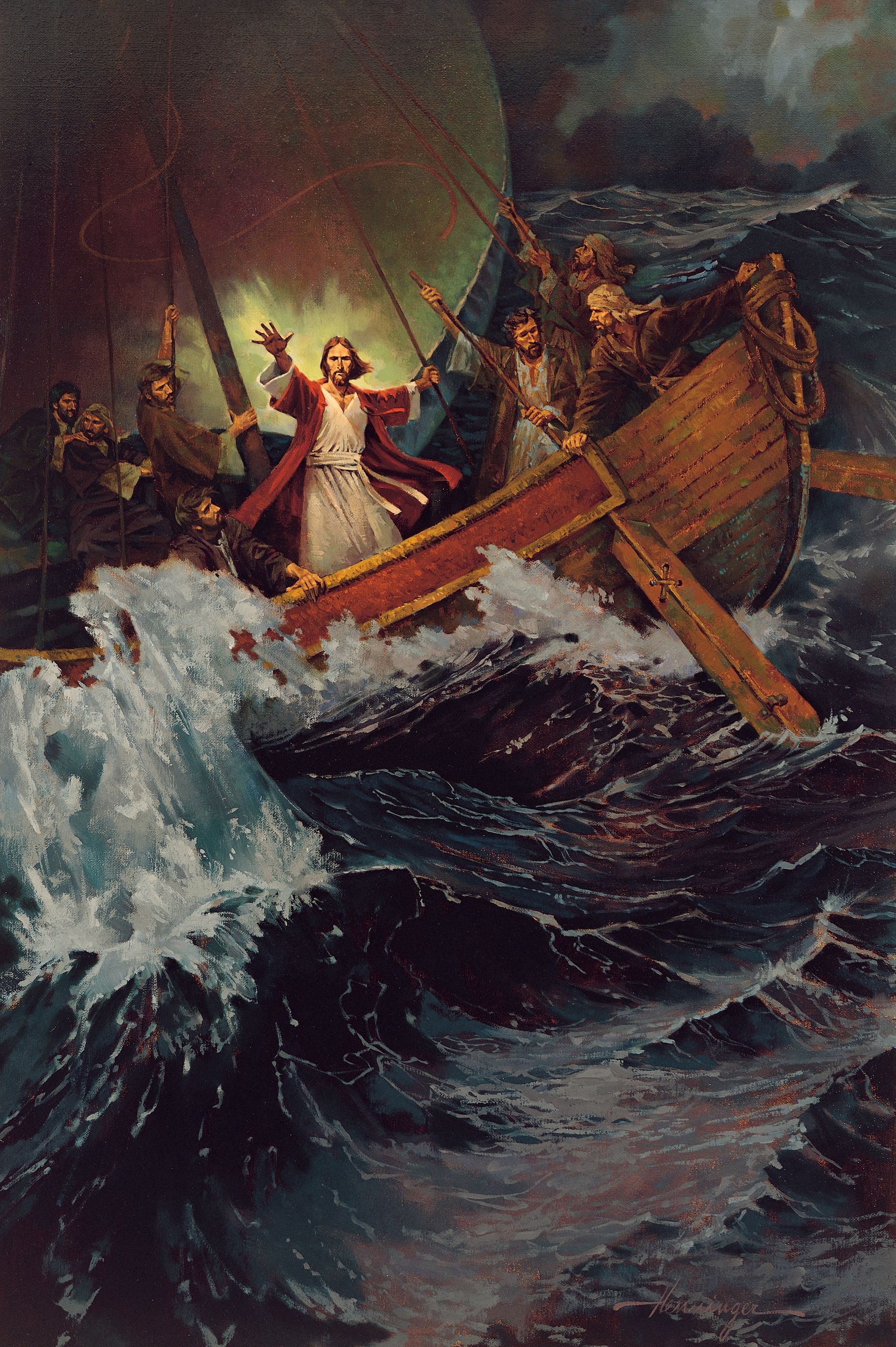 Stilling the Storm, by Ted Henninger (62139); GAK 214; Primary manual 2-28; Primary manual 7-15; Matthew 8:23–27; Mark 4:36–41; Luke 8:22–25