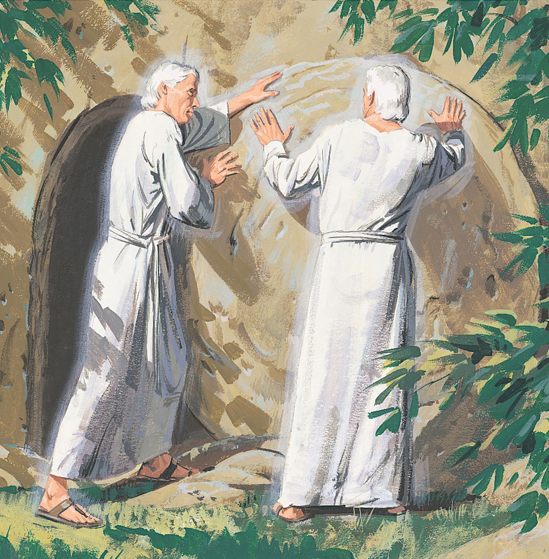 An illustration by Paul Mann showing two angels rolling the tomb’s stone away.