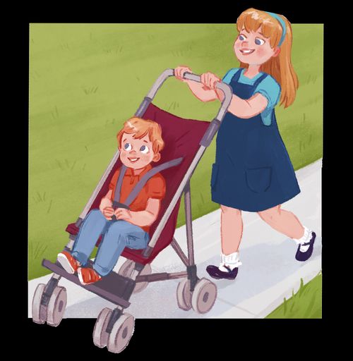 girl pushing young boy in stroller