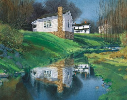 Painting depicts a white home reflecting in a small stream surrounded by green grasses in Kirtland.