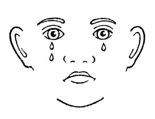 A black-and-white illustration of a face with a frown and several tears falling down from the eyes.