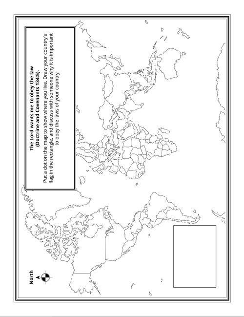 Line art map of the world helps children learn where they live and to obey the laws of the land.