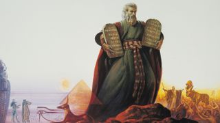 Mural depicting prophets and events from the Old Testament and the Book of Mormon.  This part of the mural depicts Moses holding the stones of the Ten Commandments.  The Israelites can be seen in the background with the golden calf.