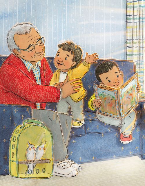 Elderly man sitting with young children on couch while one kid reads a scripture story book