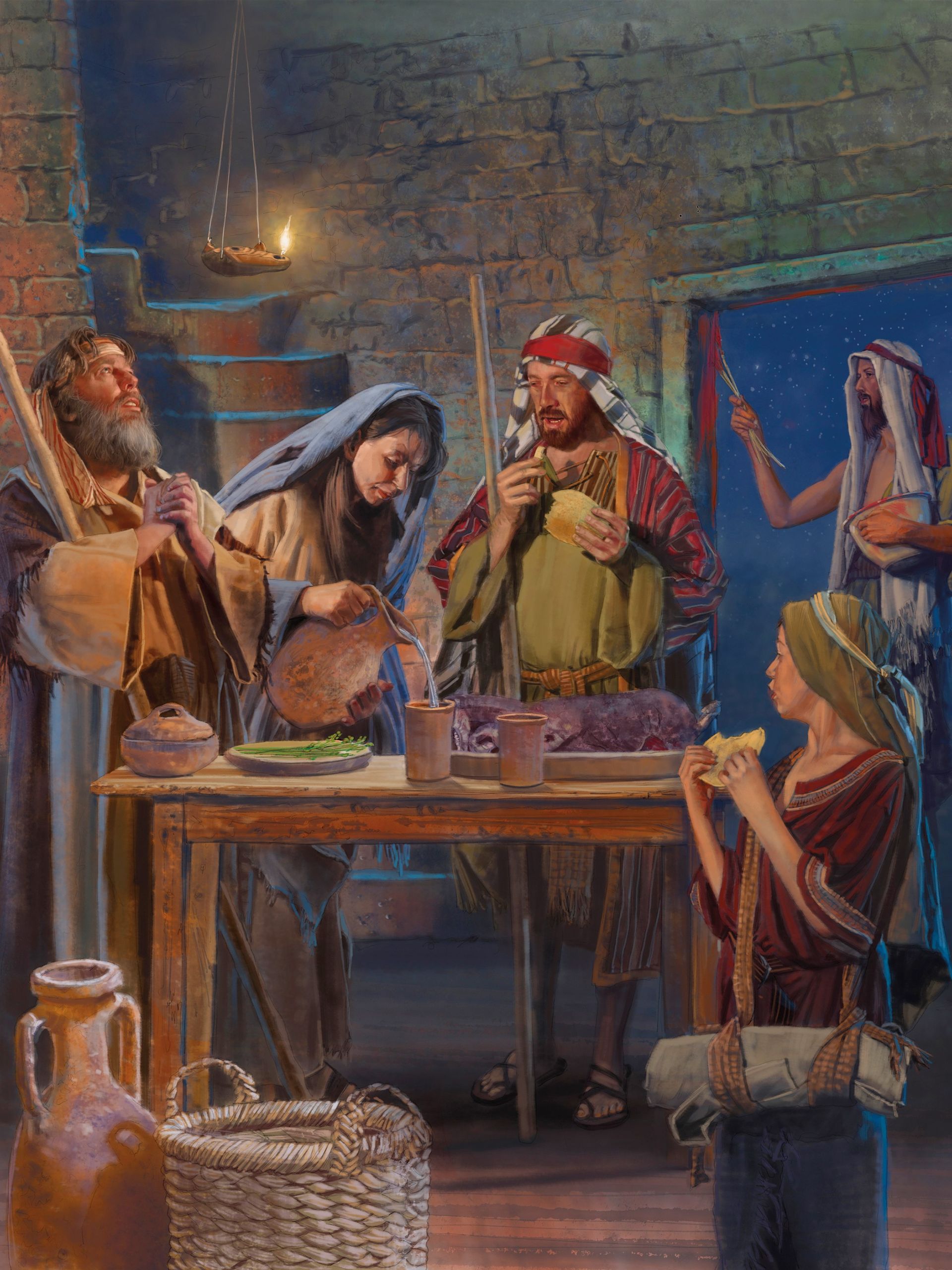 Painting of a family of Israelite slaves eating the Passover meal.  One man paints the doorposts with blood.