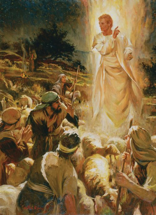 A painting of the angel appearing to the shepherds to announce the birth of Christ.