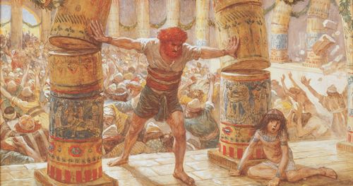Samson pushing over stone pillars into a crowd of Philistines.