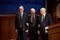 Presidents Russell M. Nelson, Dallin H. Oaks, and Henry B. Eyring in the COB auditorium after the April 2020 General Conference.