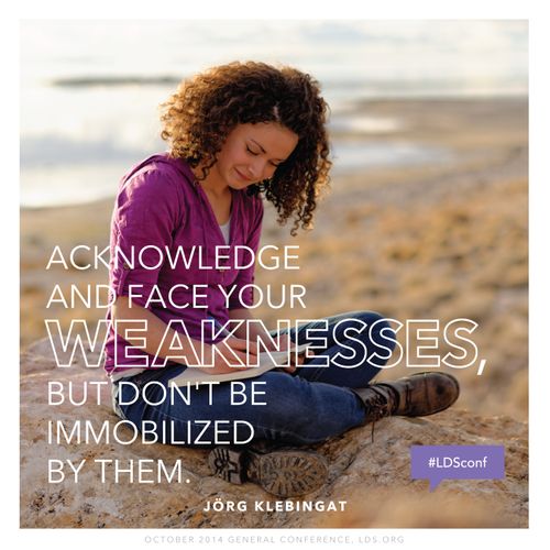 An image of a girl writing in a journal, combined with a quote by Elder Jörg Klebingat: “Acknowledge and face your weaknesses.”