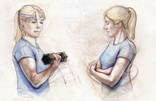 woman lifting weight and woman with arms folded