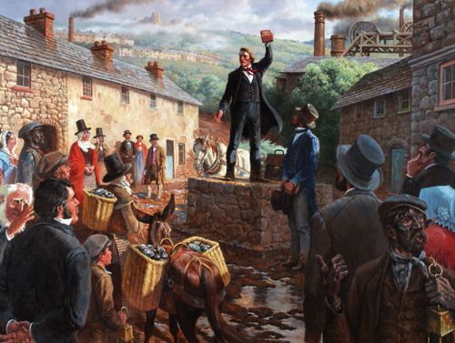 A painting by Clark Kelley Price showing Dan Jones standing on a brick wall, holding up the Book of Mormon and preaching to the people in Wales.