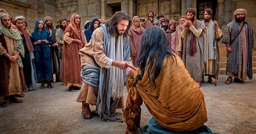 Jesus talking to the woman taken in adultery