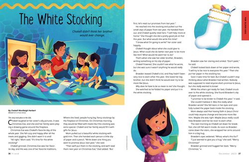 Story PDF with illustrations of a family sitting around the fire, a girl reading a paper, and a white Christmas stocking