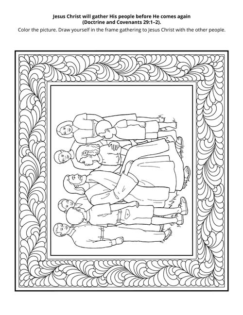 Line art iIllustration depicts Christ teaching and loving children in a Primary-age coloring activity.