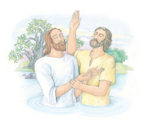 A watercolor illustration of Jesus and John the Baptist in the River Jordan, with John baptizing Jesus.