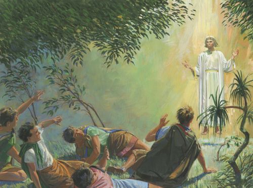 A painting by Jerry Thompson depicting Alma the younger and the sons of Mosiah on the ground, shielding their eyes from an angel.