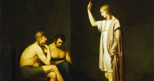 Joseph (son of Israel) in prison in Egypt.  He is standing before the chief butler and the chief baker who are in prison with him.  Joseph is interpreting the dreams of the butler and baker.