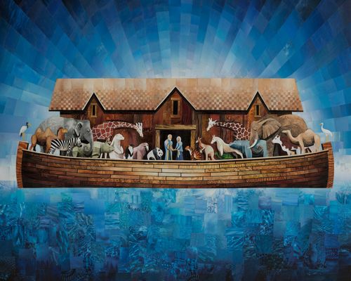 Noah and his family surrounded by animals on the ark