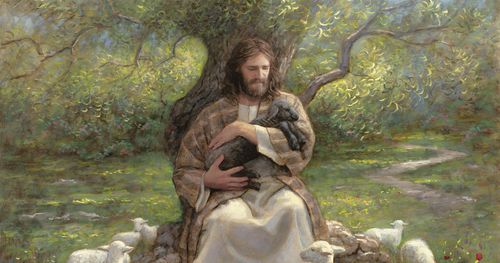 Jesus hält ein Lamm im Arm