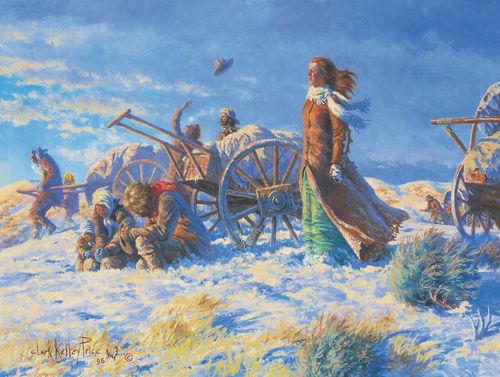 A painting by Clark Kelley Price showing a woman standing on a summit overlooking the Salt Lake Valley while others kneel by their handcart and say a prayer of gratitude.
