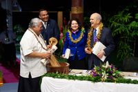The Honorable Prime Minister Susuga Tuilaepa Sailele Malielegaoi of Samoa enjoys a moment at a reception with President Russell M. Nelson and his wife, Wendy, in Apia, Samoa, May 18, 2019. 