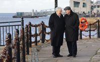 President M. Russell Ballard and Elder Quentin L. Cook visit the docks in Liverpool on October 25, 2021. It was from this place that many early Latter-day Saints set sail for America.