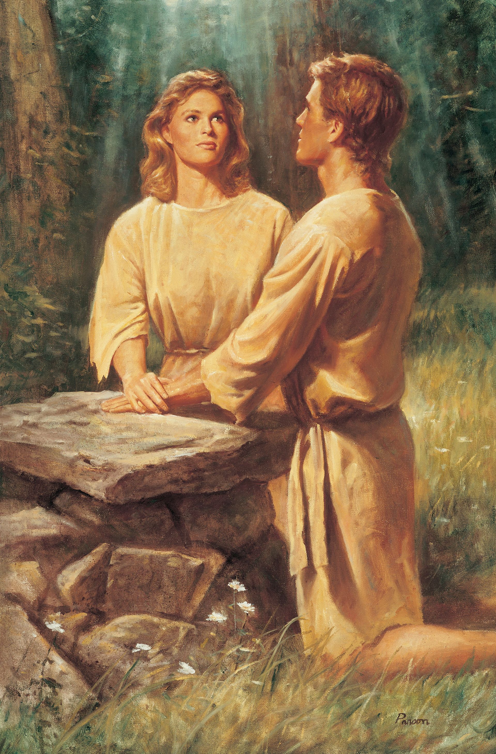 亞當和夏娃跪在祭壇前