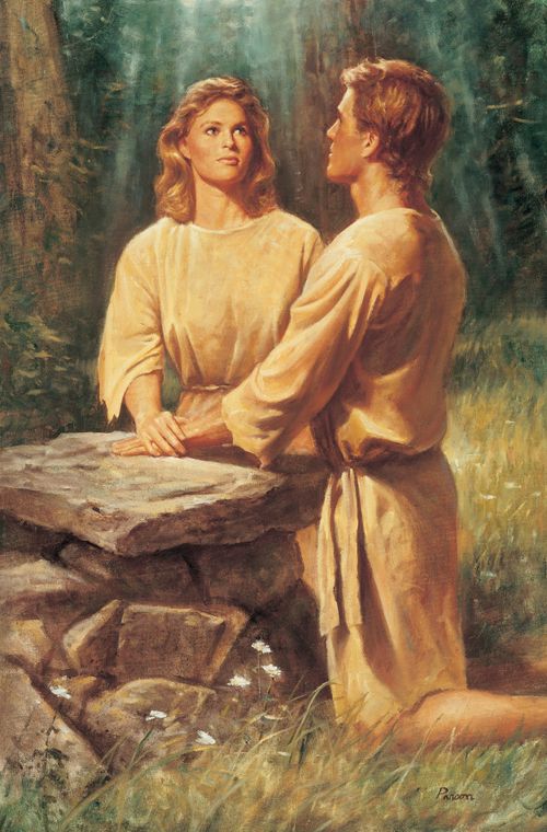 Aadam ja Eeva polvistuneina alttarin ääreen
