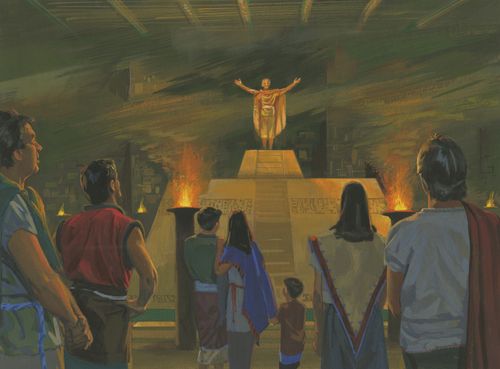 A painting by Jerry Thompson illustrating a Zoramite standing and speaking with outstretched arms on top of the gold Rameumptom surrounded by torches of fire.