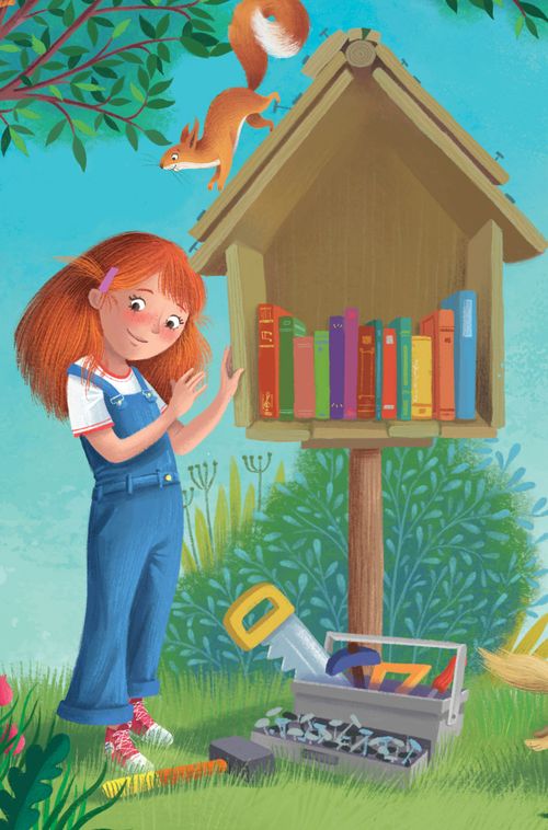 Girl next to little library with toolbox at her feet