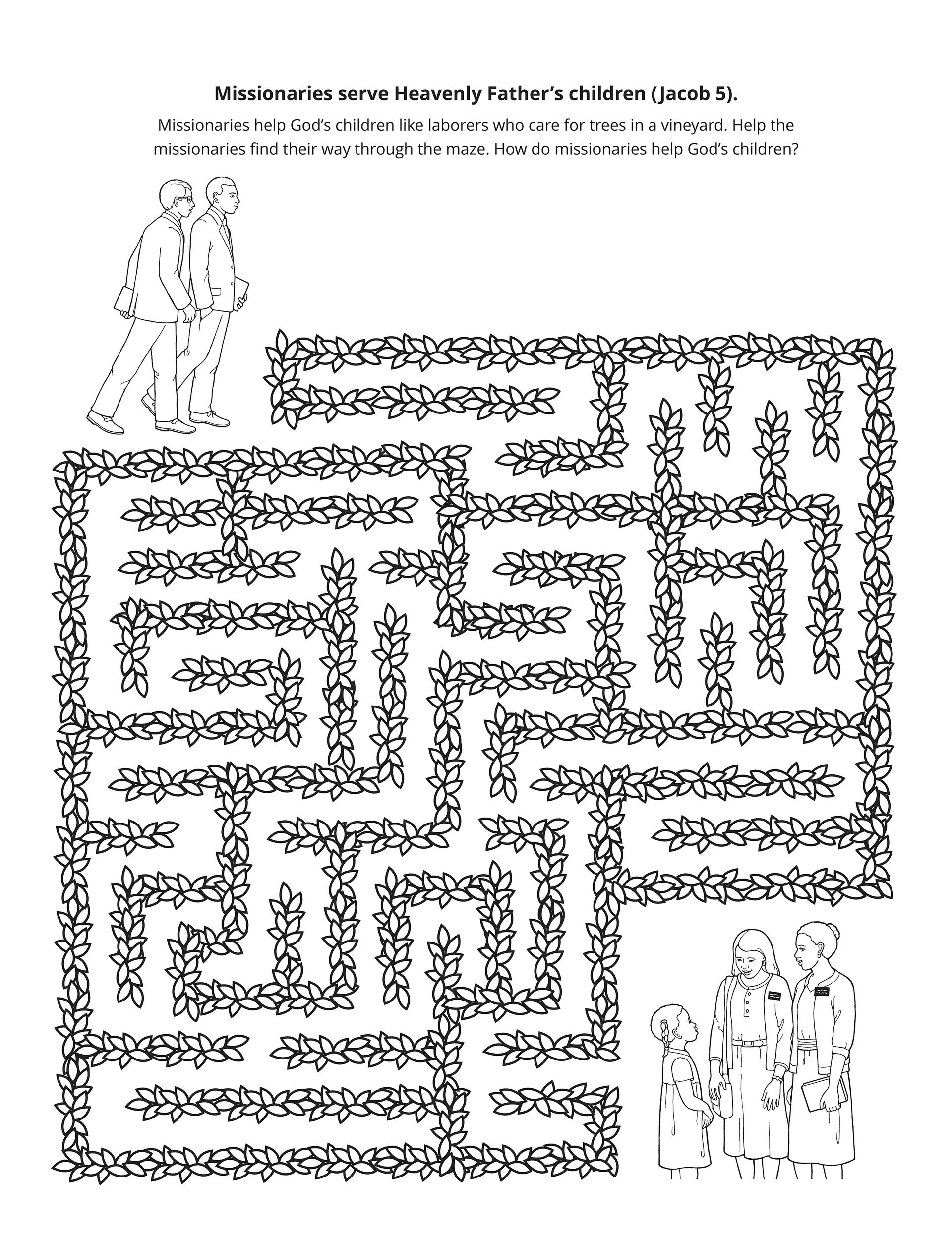 A maze activity depicting missionaries.
