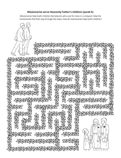 An illustration of missionaries working their way through a maze to help God’s children.