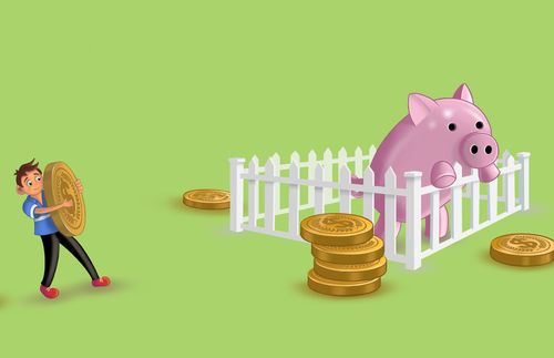 boy carrying a large coin; his piggy bank is confined to a pigpen