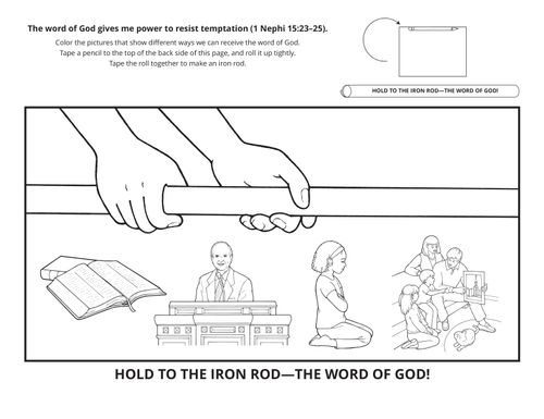 An illustration of the iron rod, President Russell M. Nelson, a girl praying, and a family looking at a picture of a temple.