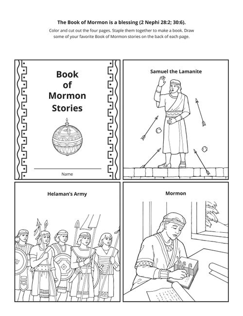Line art depicting Samuel the Lamanite, Helaman’s army, and Mormon with the plates.